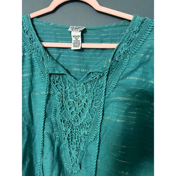 Monroe and Main Blue Boho Oversized Metallic Threading Tassels Lace V-neck - Picture 4 of 7